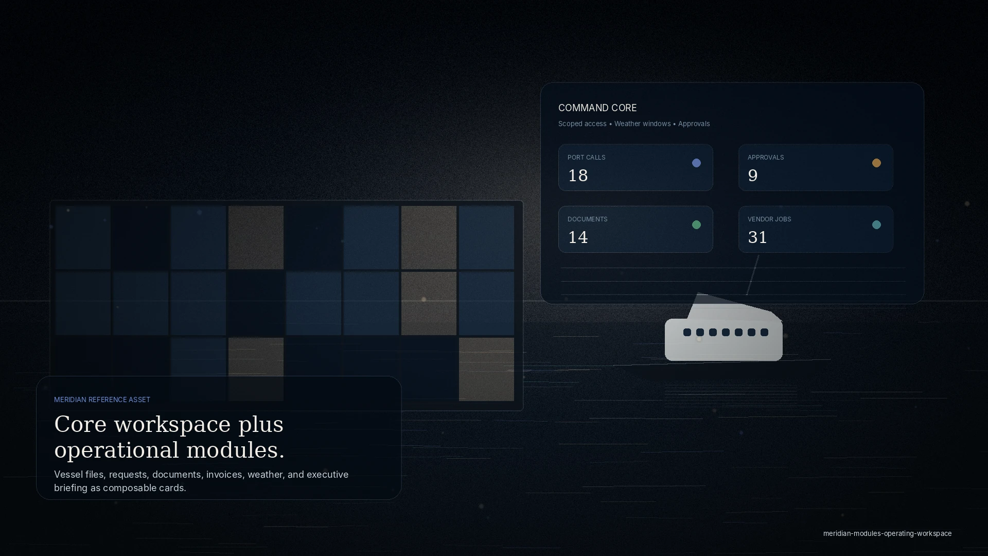 A premium operations desktop at blue hour with nautical charts and a marina beyond the glass; modular operating panels read as abstract glow.
